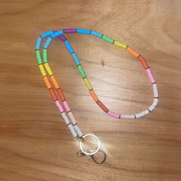 Beaded Rainbow & Gold Lanyard Pride Keychain ROYGBV - Picture 6 of 6